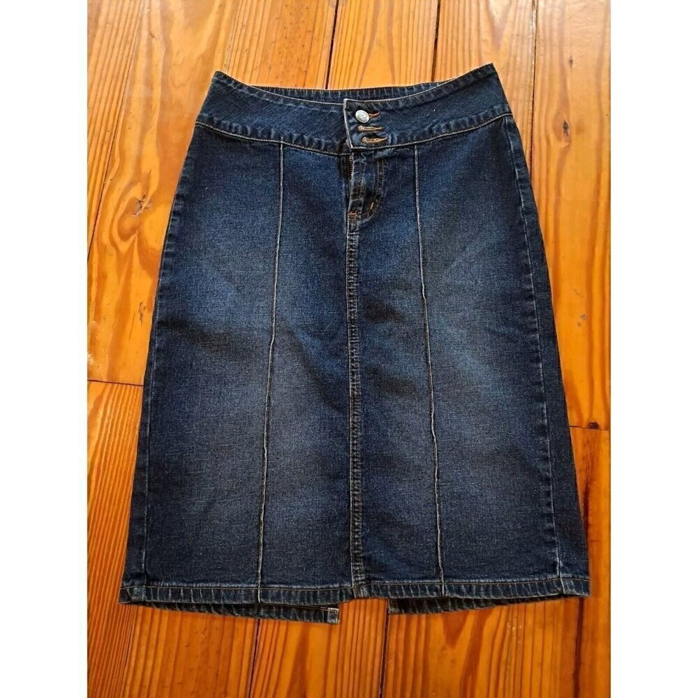 VINTAGE Paris Blues Midi Denim Jean Skirt Front Slit Dark Wash Size 1